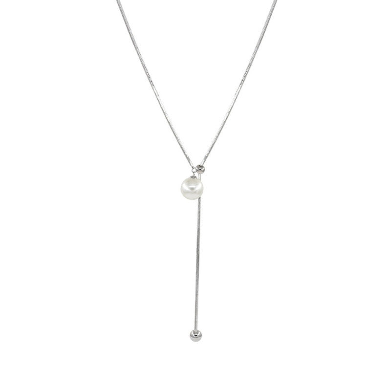 925 sterling silver pearl pendant long necklace - silvery