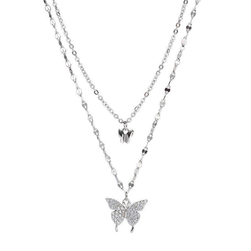 925 sterling silver butterfly double layered necklace
