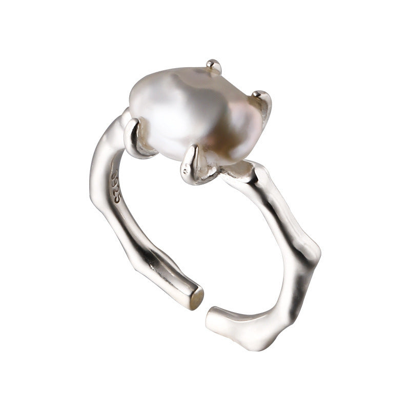 925 sterling silver Baroque pearl ring - silvery