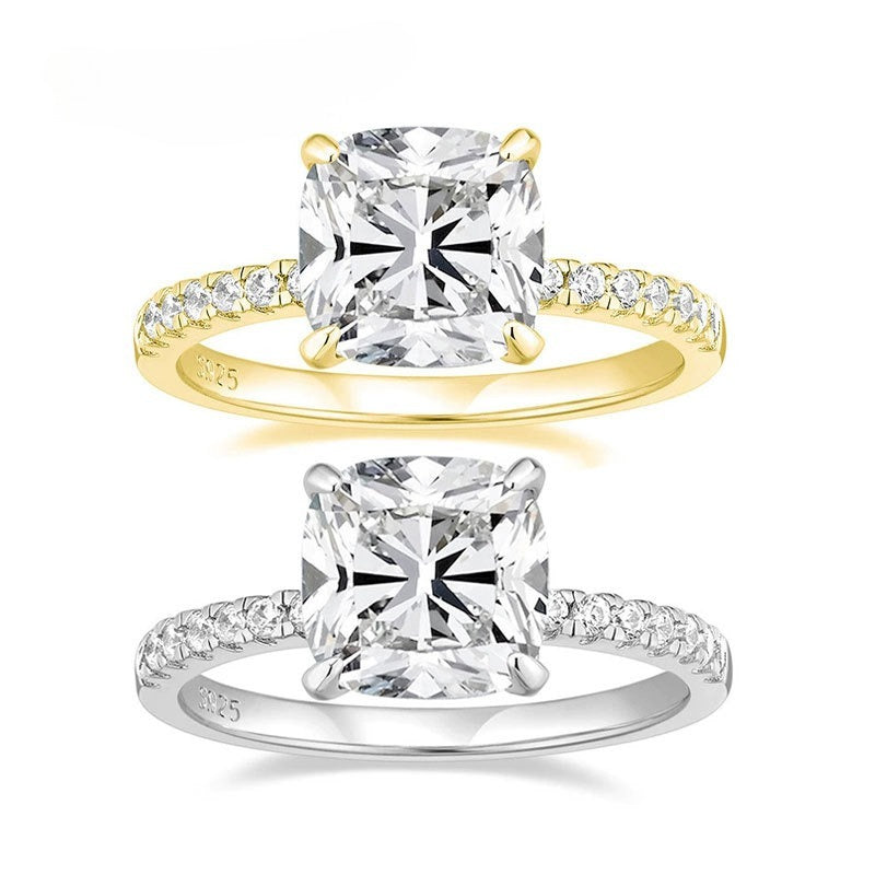 S925 silver four-claw 9 × 9 pillow 4-carat zircon ring