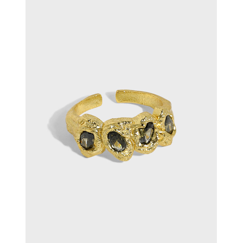 Organic Bezel Set Multi-Stone 18K Gold Plated Open Ring