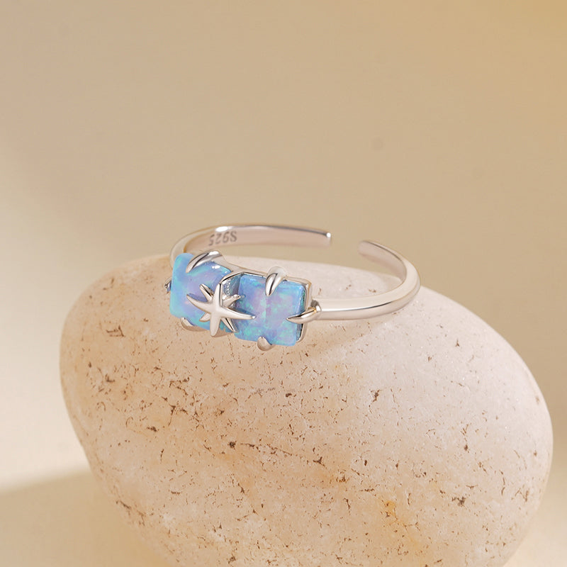 925 Sterling Silver Rectangular Opal Star Open Ring