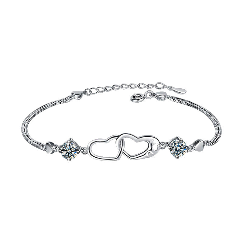 S925 Silver Moissanite Heart-Shaped Double-Ring Bracelet