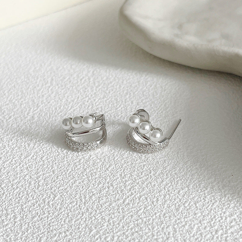 S925 pure silver U-shaped imitation pearl earrings