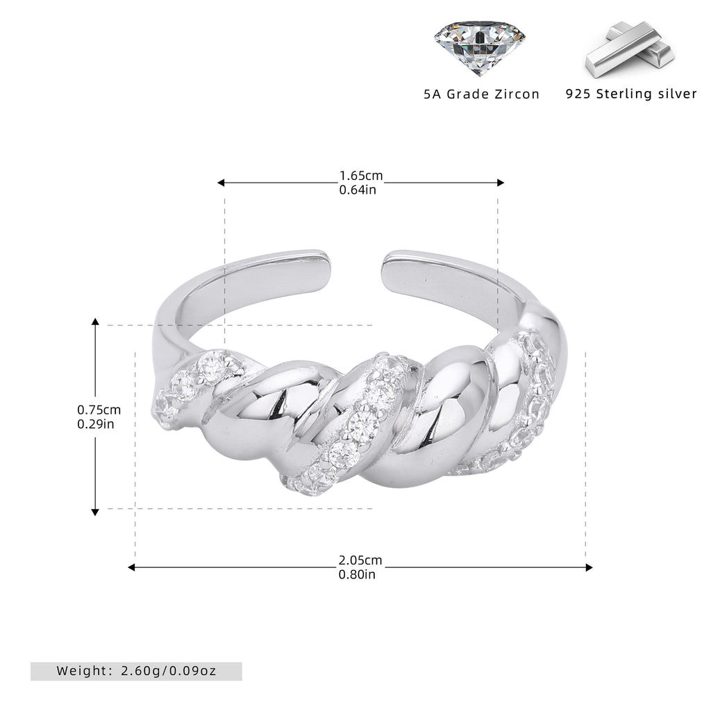 S925 Sterling Silver Ring with Zirconia Inlay, Croissant Braid Pattern