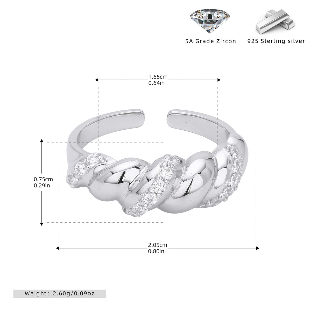 S925 Sterling Silver Ring with Zirconia Inlay, Croissant Braid Pattern