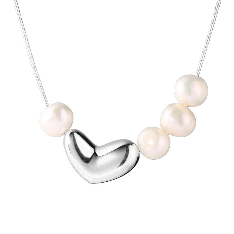 S925 Pure Silver Freshwater Pearl Love Pendant Necklace