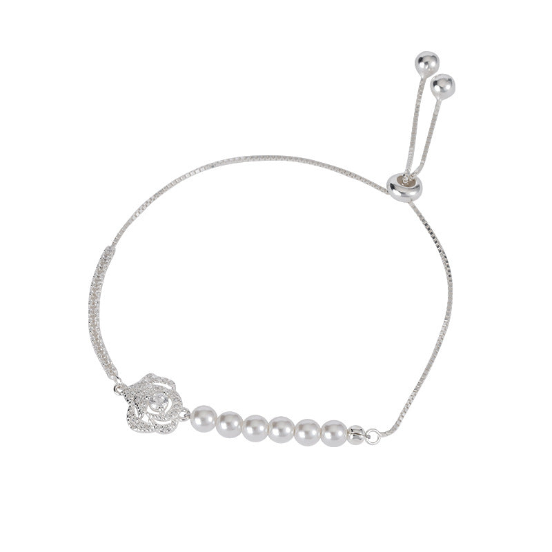 S925 sterling silver set zircon pearl asymmetrical bracelet - silver