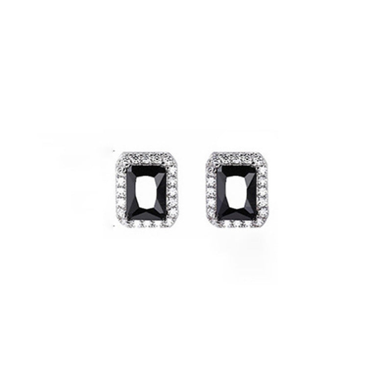 S925 sterling silver black zircon square earrings - silvery