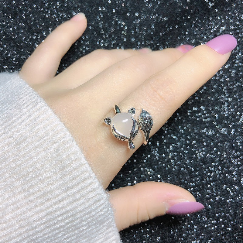 925 sterling silver white jade marrow fox opening ring - silvery