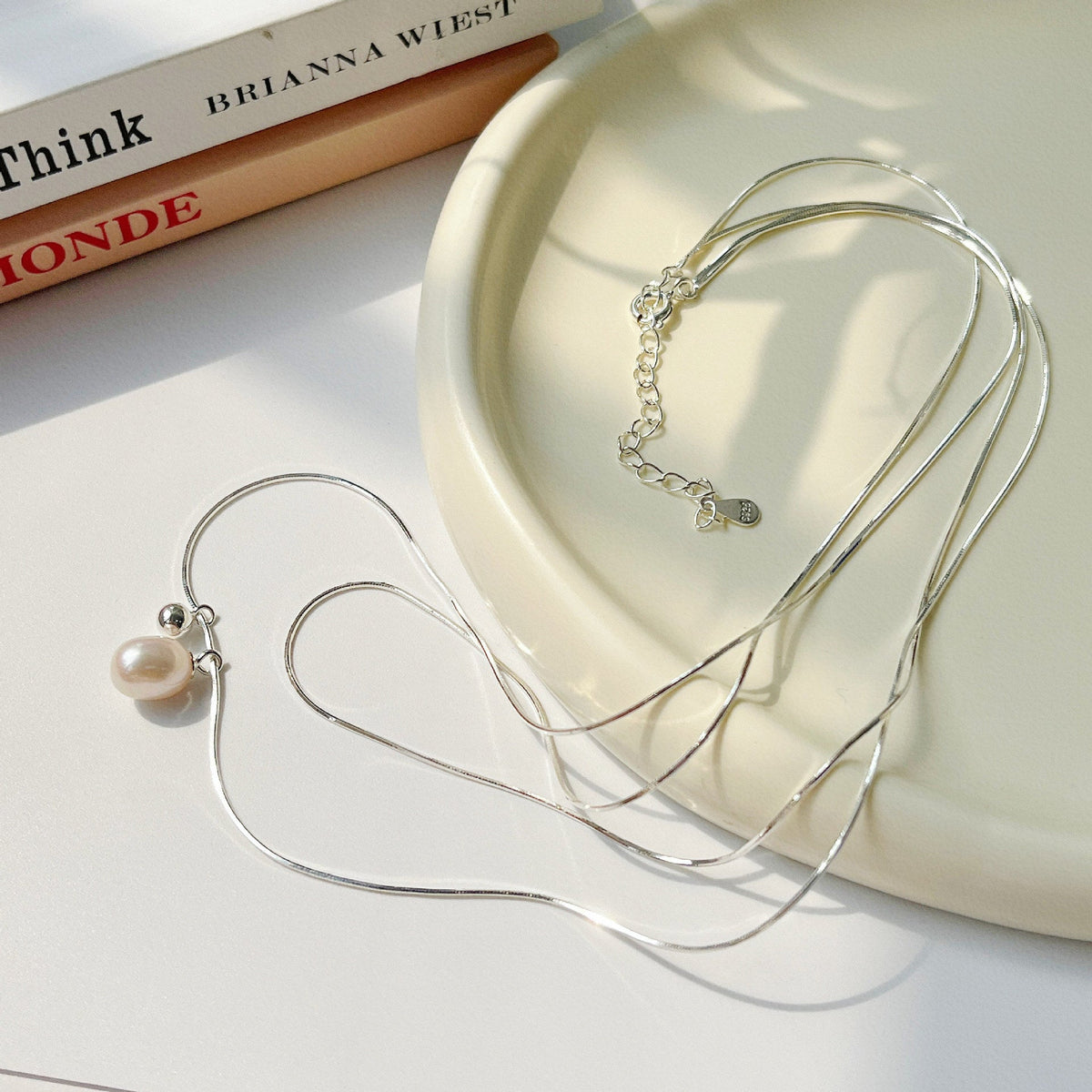 925 sterling silver freshwater pearl double layered necklace - silvery
