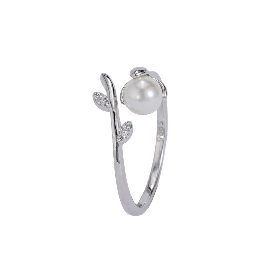 S925 sterling silver imitation pearl ring - silvery