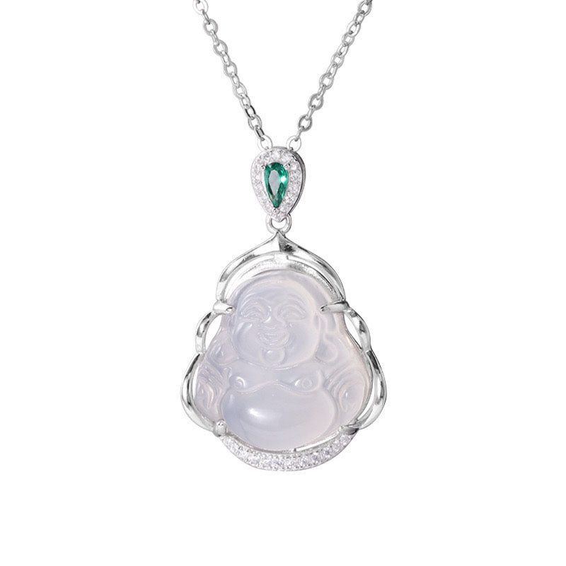 S925 Pure Silver Buddha White Jade Marrow Pendant Necklace