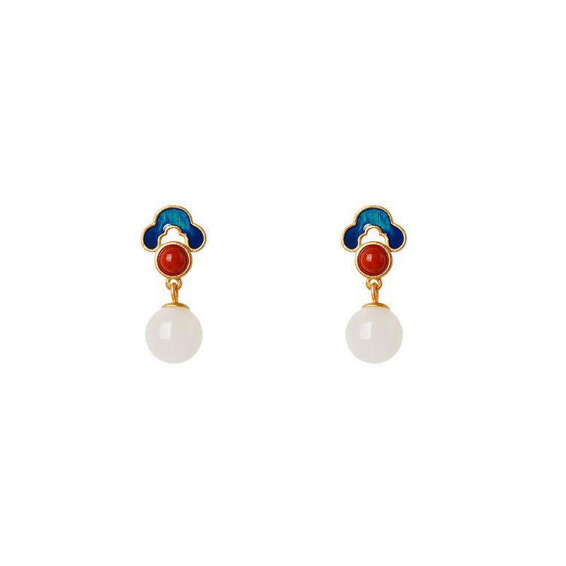 S925 Silver White Jade Pendant Earrings - Golden