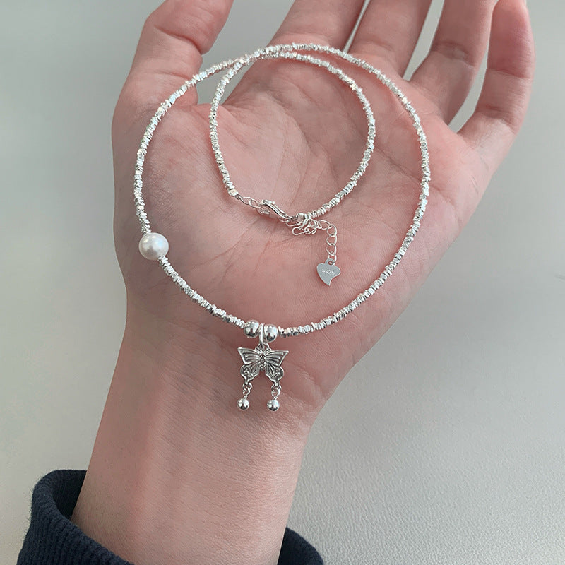 S925 Silver Broken Silver Butterfly Pendant Necklace - Silvery