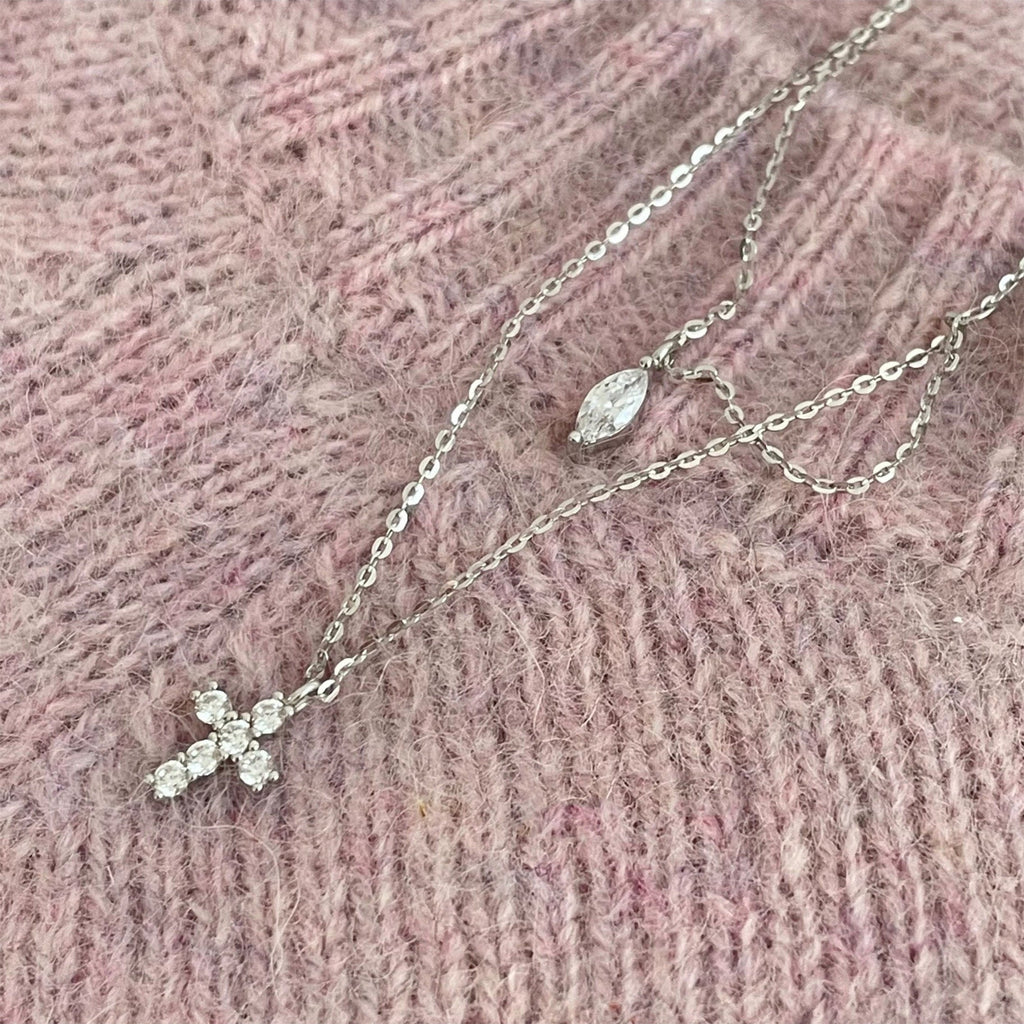 925 sterling silver cross double layered necklace