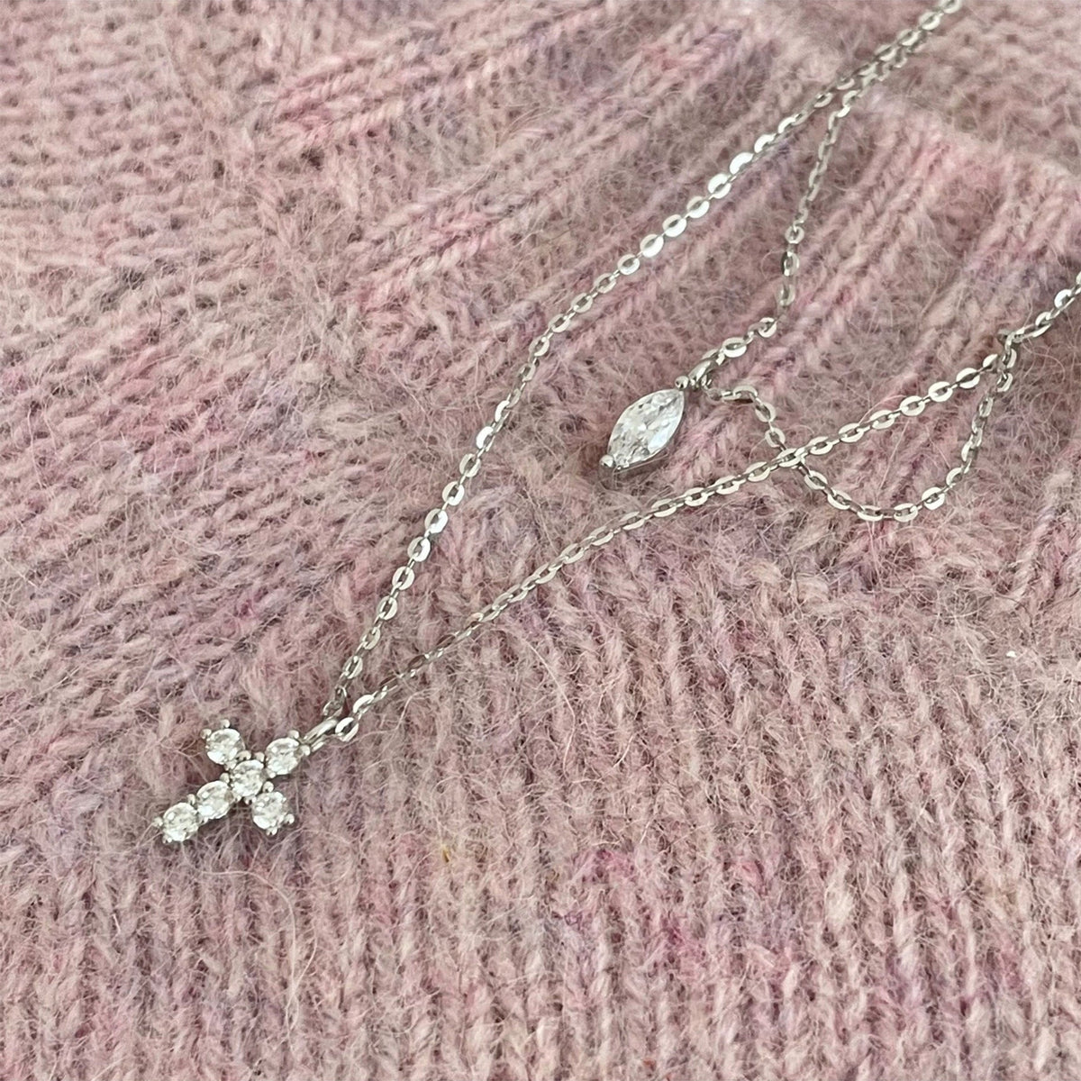 925 sterling silver cross double layered necklace