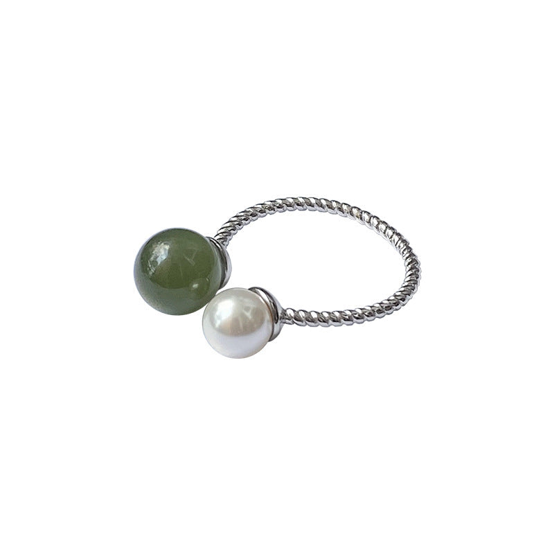 925 Silver Hetian Jade Pearl Open Ring - Silvery
