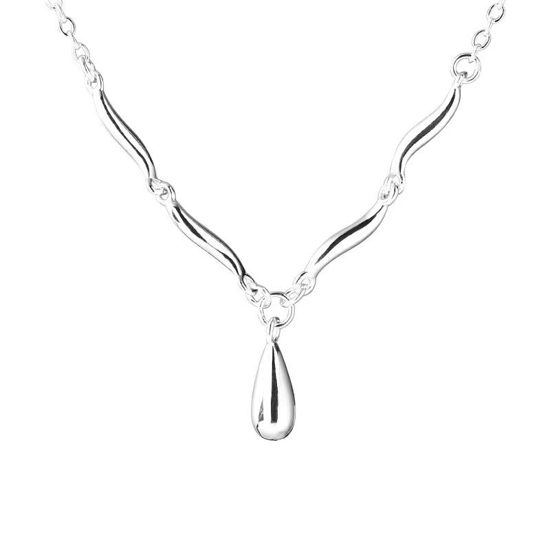 S925 sterling silver water droplet pendant necklace - silvery