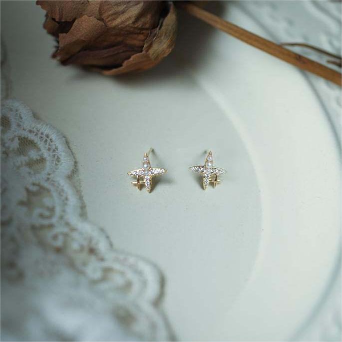 925 sterling silver four pointed star earrings - golden