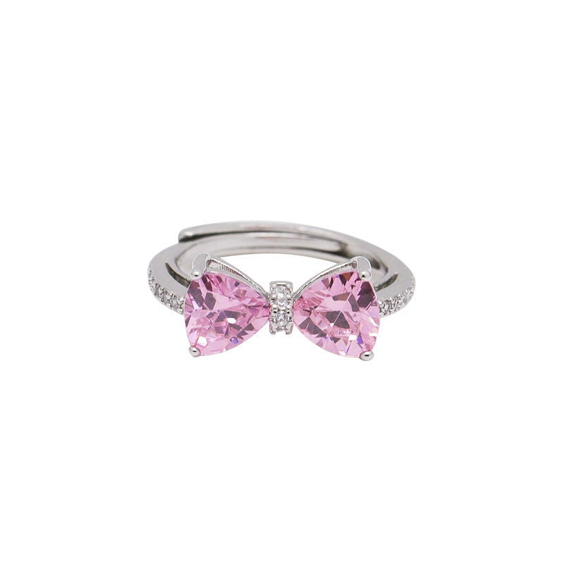 925 sterling silver cute pink zircon bow ring