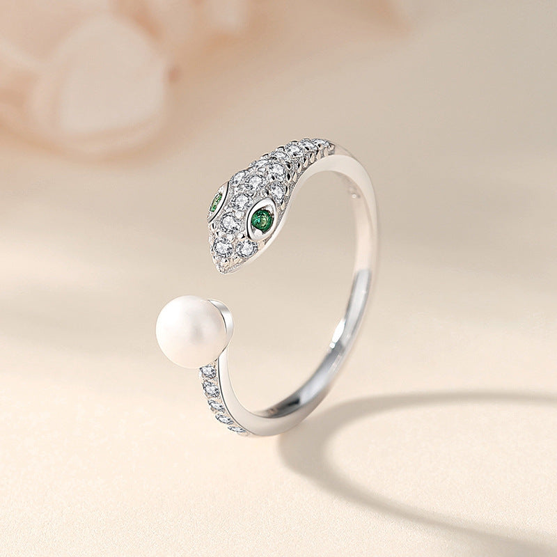 S925 sterling silver zodiac snake freshwater pearl ring
