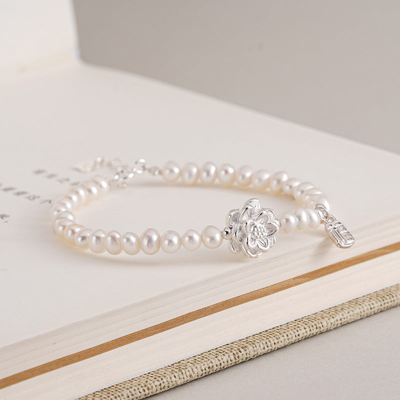 999 Silver Lotus Freshwater Pearl Bracelet - Silvery