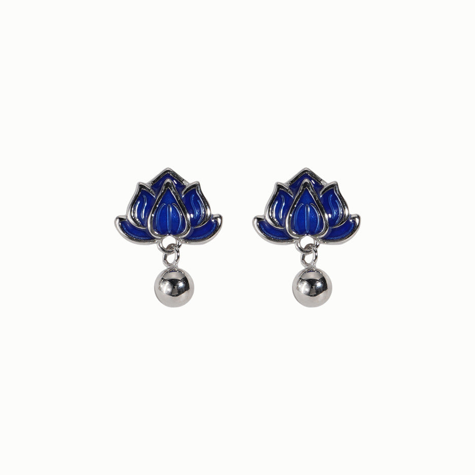 S925 sterling silver blue lotus earrings - silvery