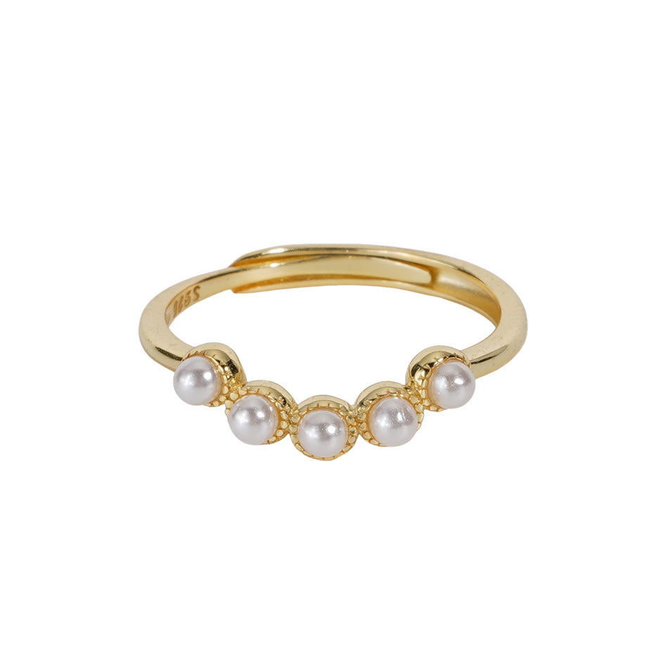 925 sterling silver imitation pearl opening ring - golden