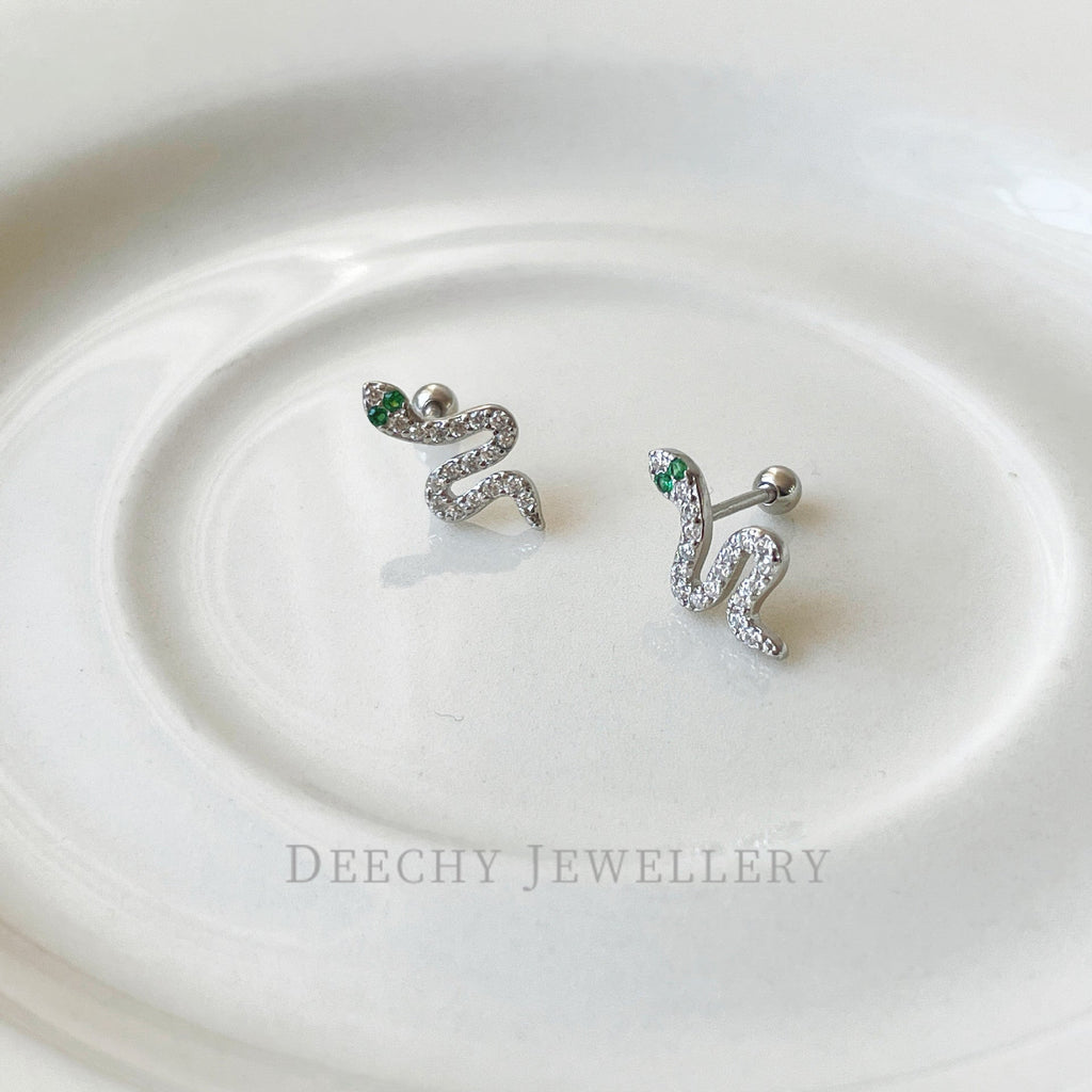 S925 Silver Sparkling Zirconia Serpentine Nut Earrings - Silvery