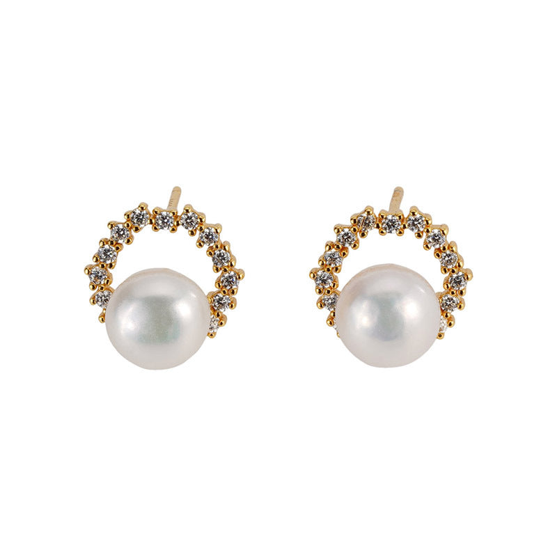 S925 pure silver freshwater pearl set with sparkling zirconium earrings
