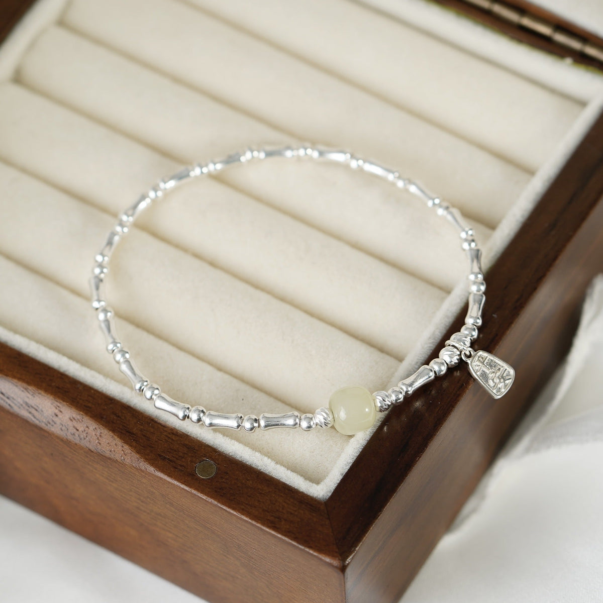 925 Sterling Silver Hetian Jade Bamboo Festival Bracelet - Silvery