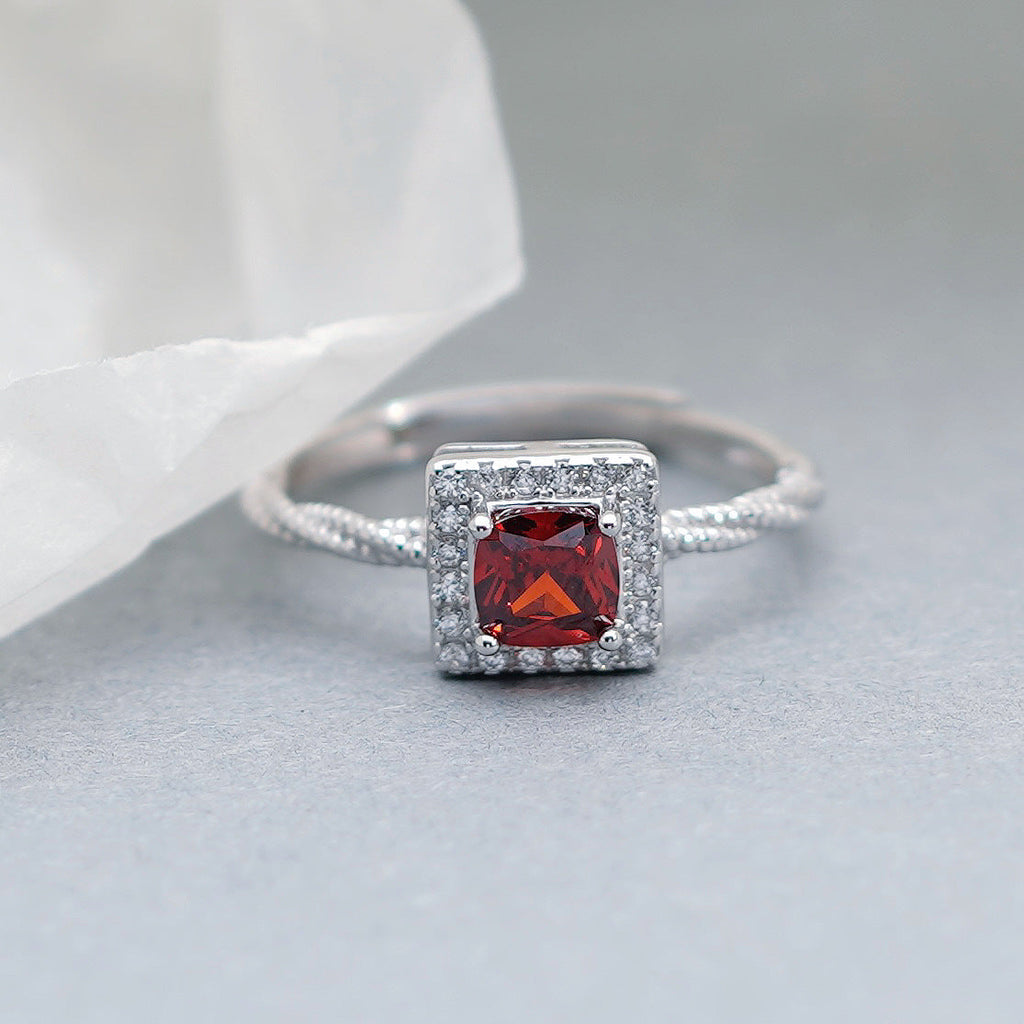 S925 Pure Silver Exquisite Red Zircon Open Ring - Silvery