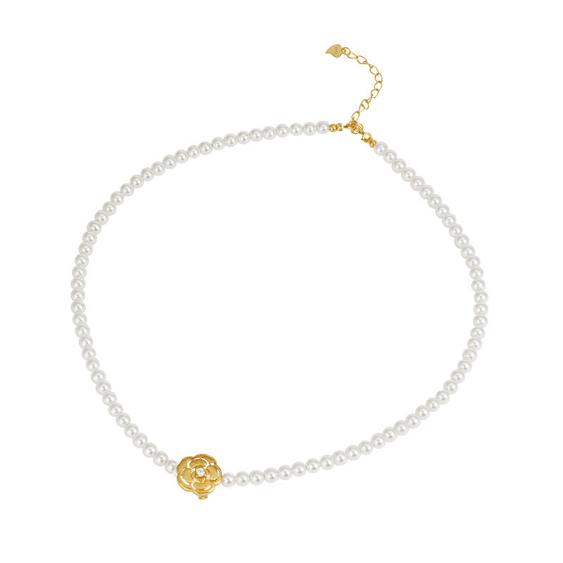 S925 Pure Silver Camellia Imitation Pearl Bead Necklace - Golden