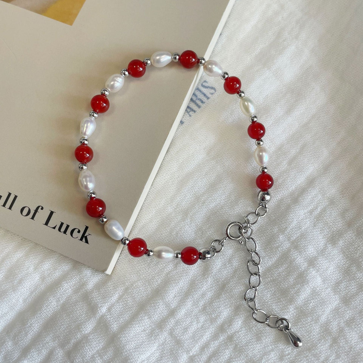 S925 sterling silver freshwater pearl red agate bead bracelet