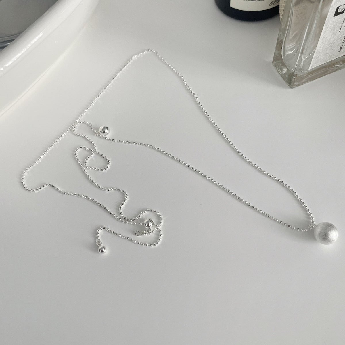 S925 sterling silver round ball pendant long necklace