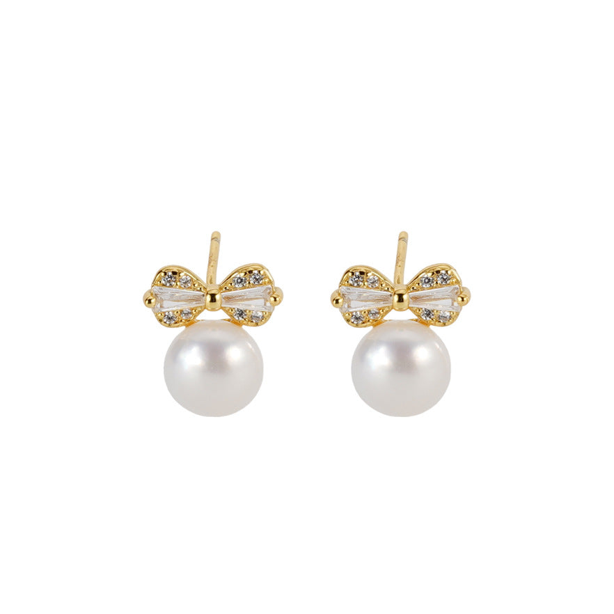 S925 sterling silver freshwater pearl bow earrings