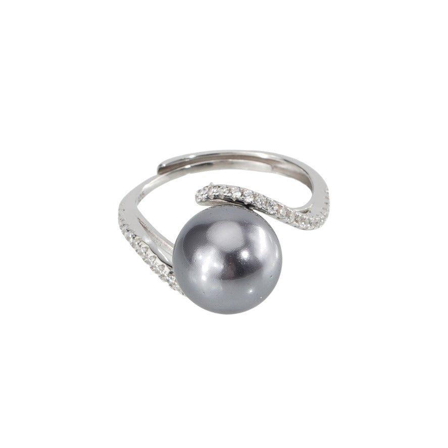 S925 sterling silver imitation pearl with sparkling zirconium ring - silvery