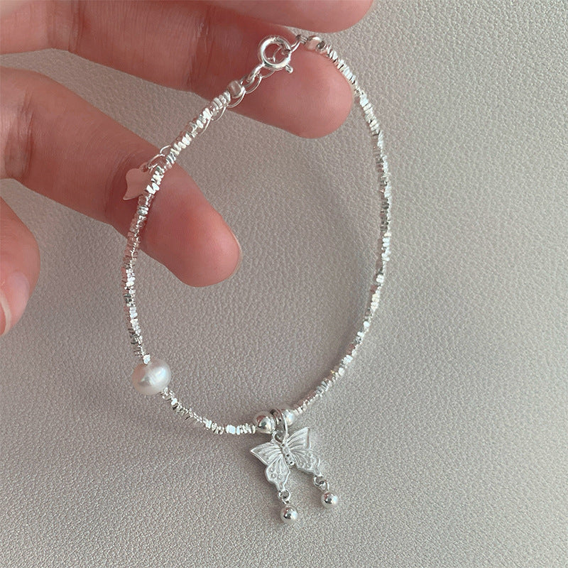 S925 Pure Silver Freshwater Pearl Butterfly Bracelet - Silvery