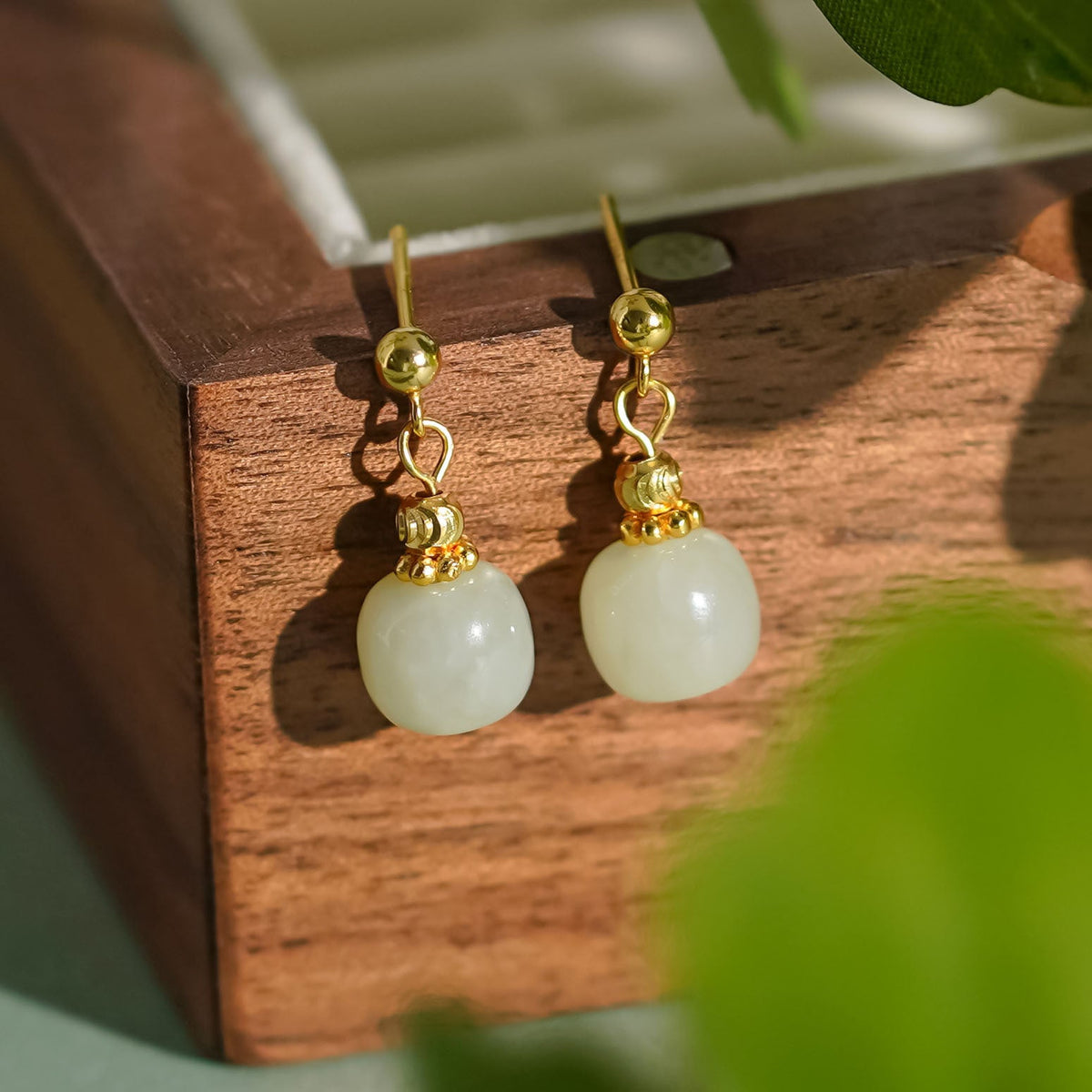 925 Sterling Silver Hotan Jade Earrings - Golden