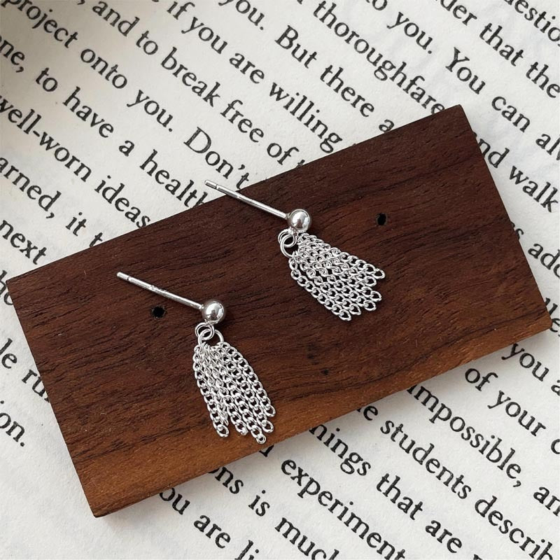 925 sterling silver chain tassel earrings - silvery