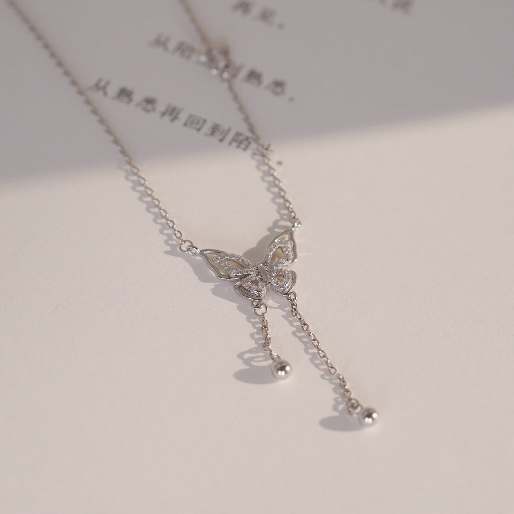 S925 sterling silver butterfly bead tassel necklace