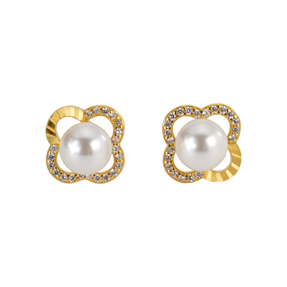 S925 pure silver clover imitation pearl earrings