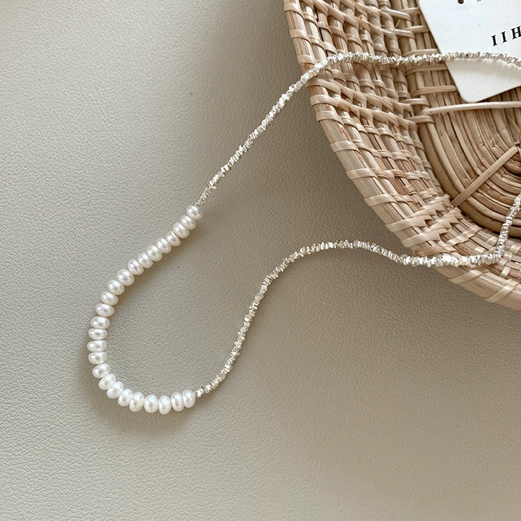 925 sterling silver broken silver freshwater pearl bead necklace - silvery