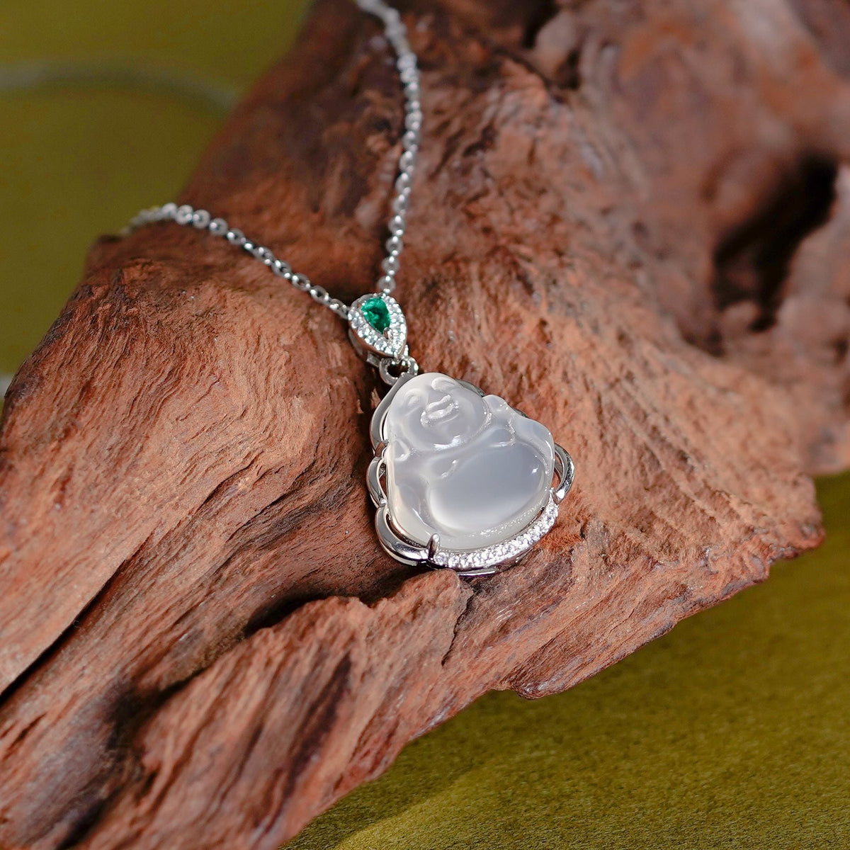 S925 Pure Silver Buddha White Jade Marrow Pendant Necklace