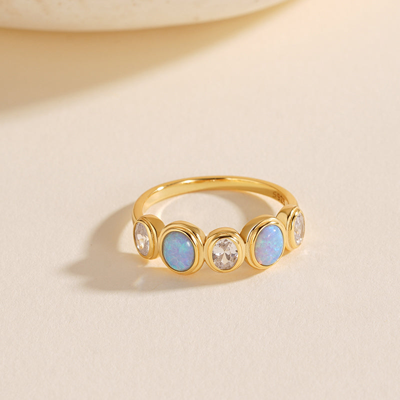 925 Sterling Silver Cabochon Opal and Zircon Ring