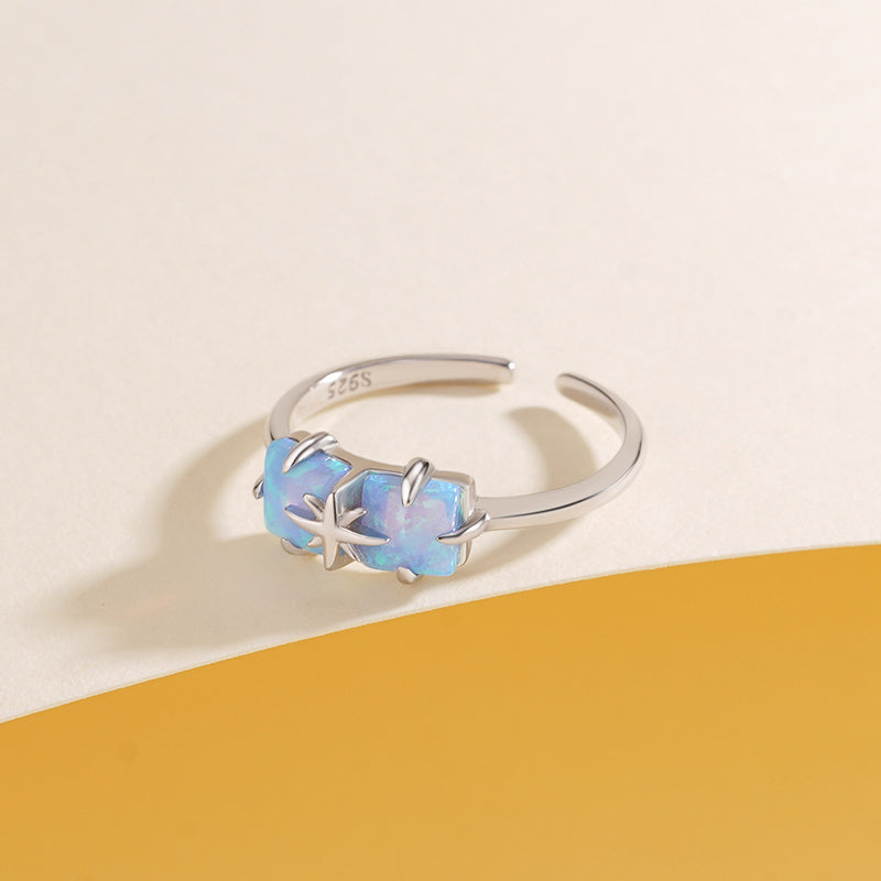 925 Sterling Silver Rectangular Opal Star Open Ring