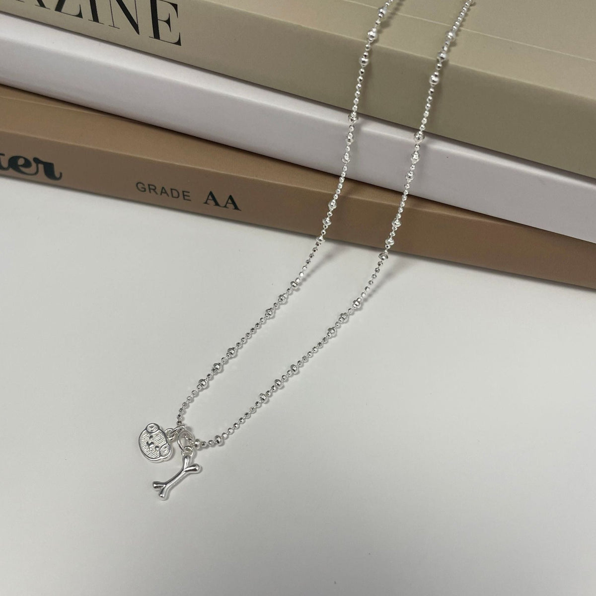 S925 sterling silver cute little dog bone pendant necklace