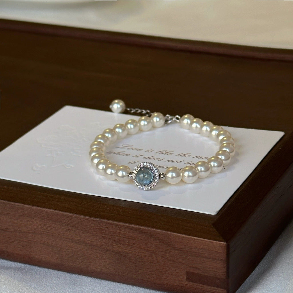 S925 sterling silver imitation pearl aquamarine bracelet