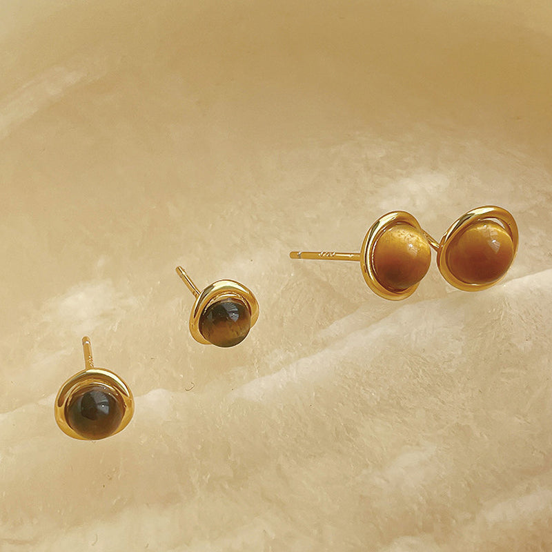 S925 sterling silver tiger eye stone earrings - golden